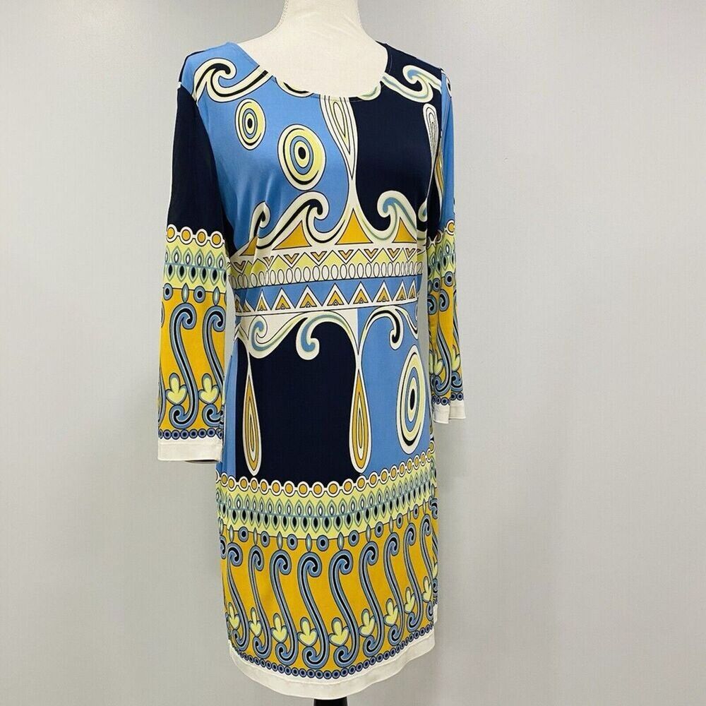 ALI RO 6 Anthropologie Shift Dress Blue Gold Mod 70s Dopamine Artsy Psychedelic